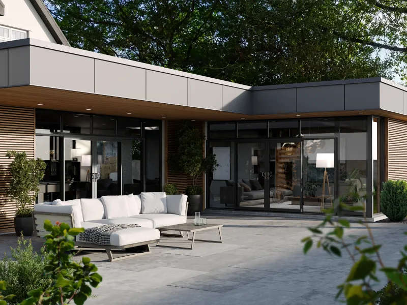 Anthracite grey aluminium bifold doors on a modern new-build rendered property